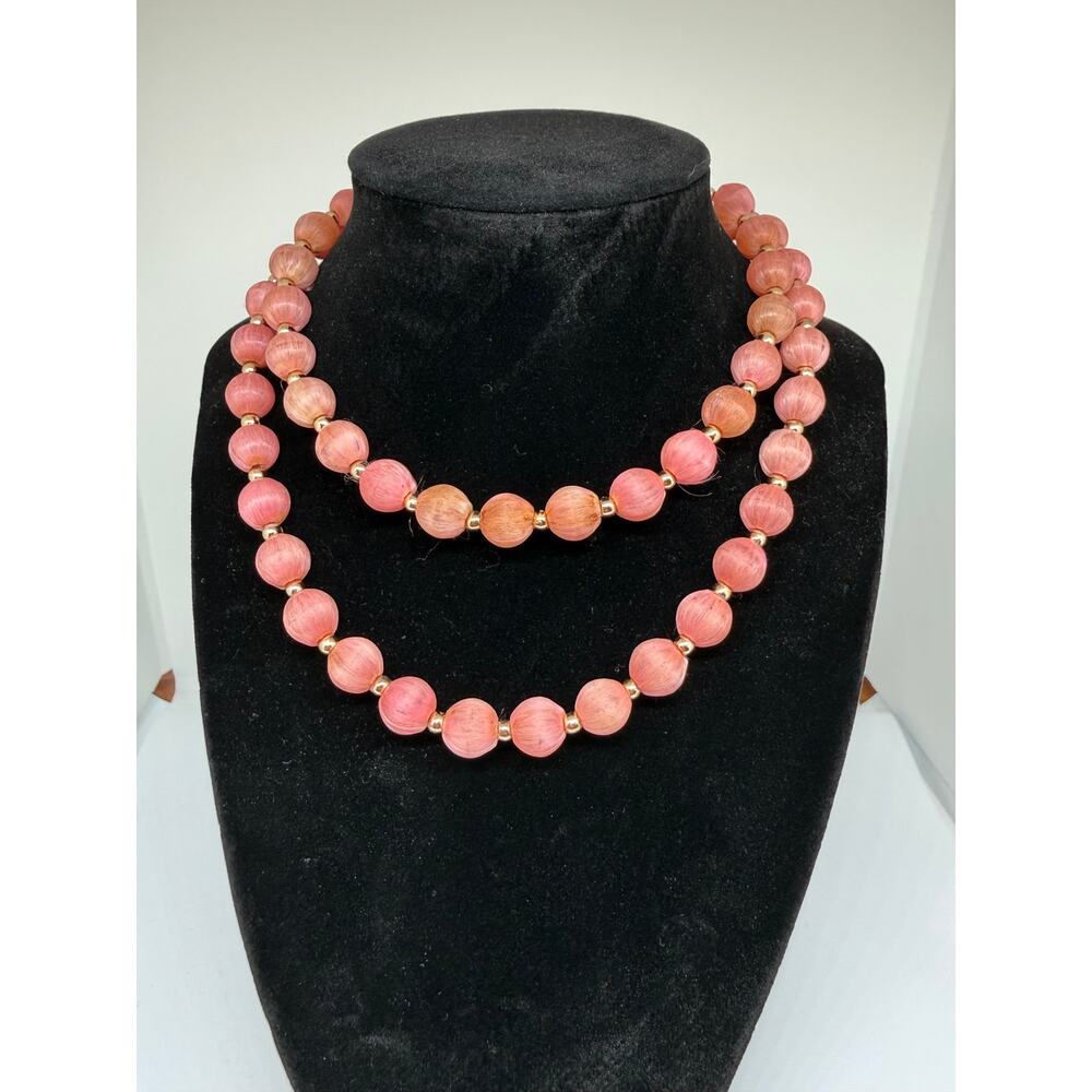 Pink Wood Bead Necklace Long Strand Boho Coastal Statement Jewelry
